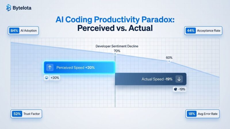 Data visualization showing AI coding tools productivity paradox: developers feel 20% faster but are actually 19% slower
