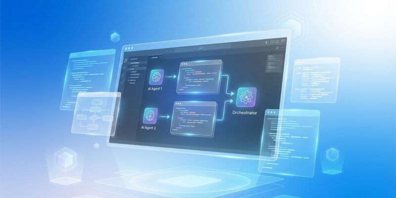 Futuristic IDE interface showing multiple AI agent windows orchestrating code with blue and white gradient background
