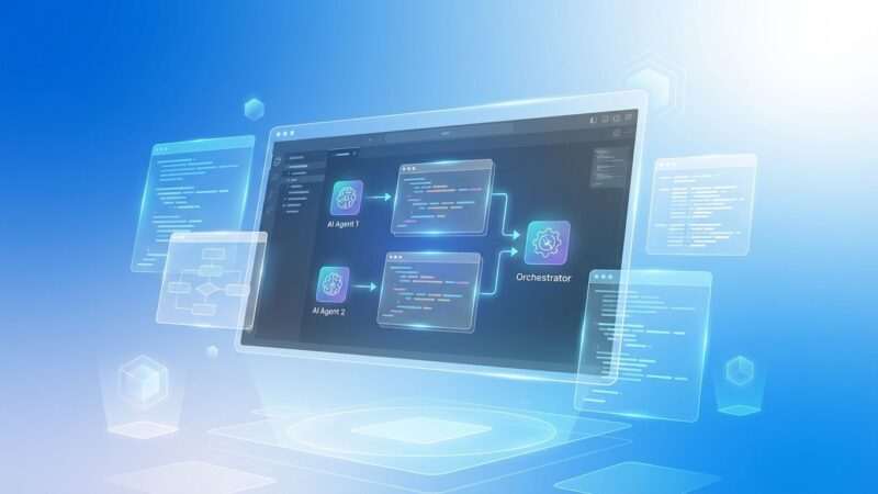 Futuristic IDE interface showing multiple AI agent windows orchestrating code with blue and white gradient background
