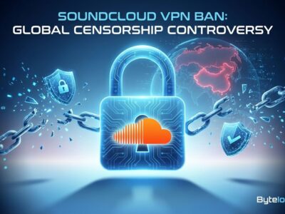 Conceptual illustration of VPN blocking and privacy erosion with padlock, SoundCloud logo, and world globe showing censored countries