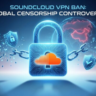 Conceptual illustration of VPN blocking and privacy erosion with padlock, SoundCloud logo, and world globe showing censored countries