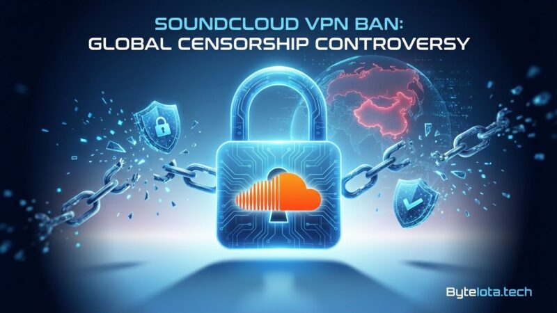 Conceptual illustration of VPN blocking and privacy erosion with padlock, SoundCloud logo, and world globe showing censored countries
