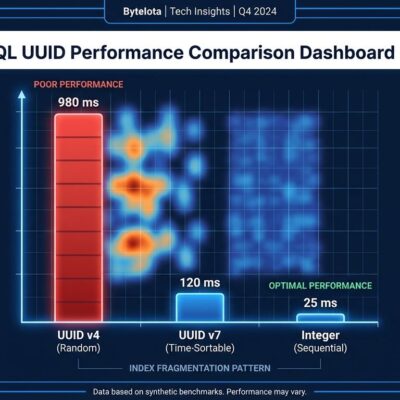 Data visualization showing PostgreSQL UUID v4 performance degradation compared to UUID v7 and integers