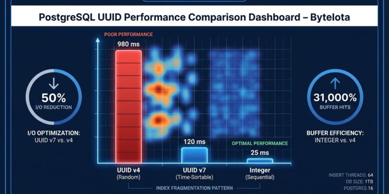 Data visualization showing PostgreSQL UUID v4 performance degradation compared to UUID v7 and integers