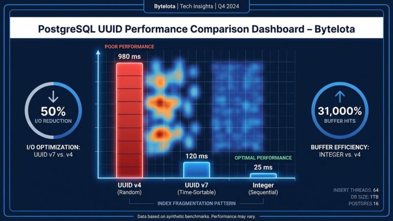 Data visualization showing PostgreSQL UUID v4 performance degradation compared to UUID v7 and integers