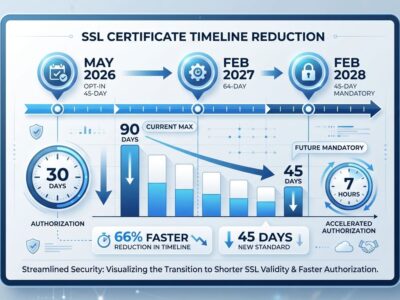 Timeline visualization showing certificate validity reduction from 90 to 45 days