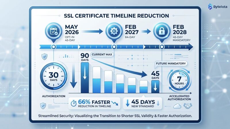 Timeline visualization showing certificate validity reduction from 90 to 45 days