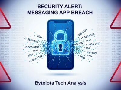 Conceptual illustration of messaging app security breach with broken lock and data leak symbols representing phone number enumeration and PIN exposure
