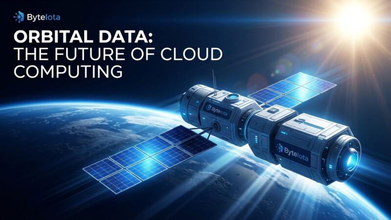 Orbital satellite data center in space with solar panels and Earth in background, illustrating space computing infrastructure