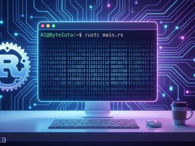 OpenAI Codex CLI terminal window with Rust logo and blue binary code representing the open-source terminal coding agent