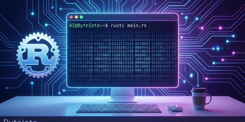 OpenAI Codex CLI terminal window with Rust logo and blue binary code representing the open-source terminal coding agent