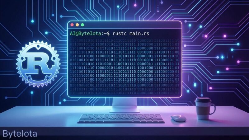 OpenAI Codex CLI terminal window with Rust logo and blue binary code representing the open-source terminal coding agent
