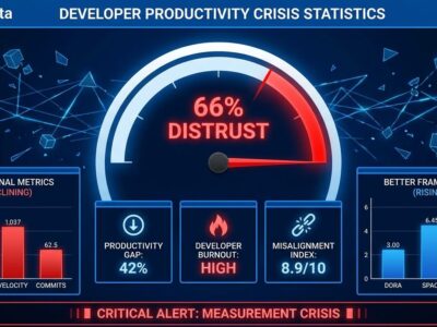 Data visualization dashboard showing 66% developer distrust of productivity metrics, comparing traditional metrics versus modern frameworks like DORA and SPACE
