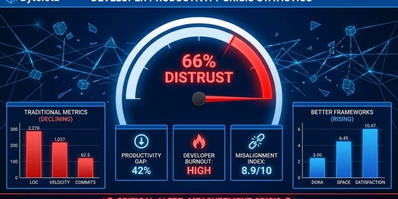 Data visualization dashboard showing 66% developer distrust of productivity metrics, comparing traditional metrics versus modern frameworks like DORA and SPACE