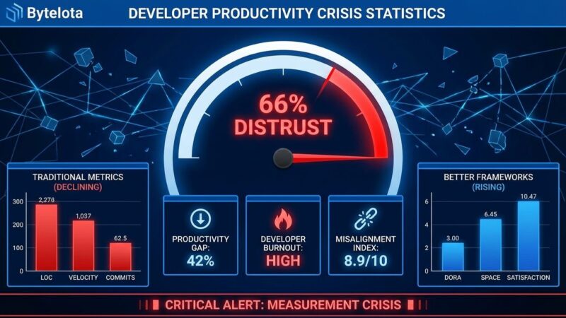 Data visualization dashboard showing 66% developer distrust of productivity metrics, comparing traditional metrics versus modern frameworks like DORA and SPACE