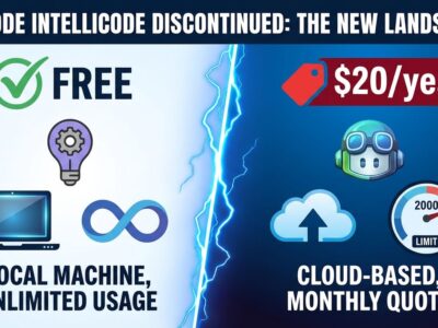 Split-screen comparison showing VS Code IntelliCode (free, local, unlimited) versus GitHub Copilot (paid, cloud, limited)