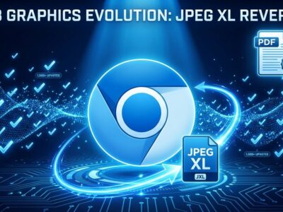 Chrome browser logo with JPEG XL file icon showing reversal motion, representing Google's decision to restore JPEG XL support