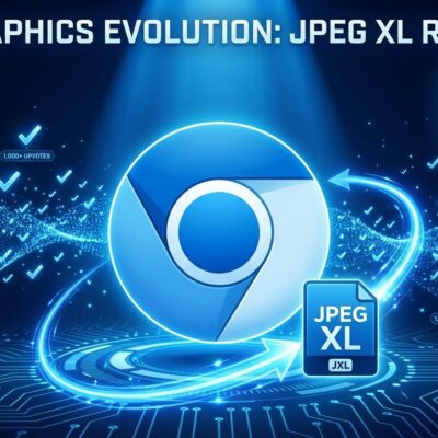 Chrome browser logo with JPEG XL file icon showing reversal motion, representing Google's decision to restore JPEG XL support