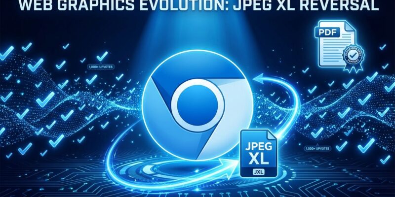 Chrome browser logo with JPEG XL file icon showing reversal motion, representing Google's decision to restore JPEG XL support