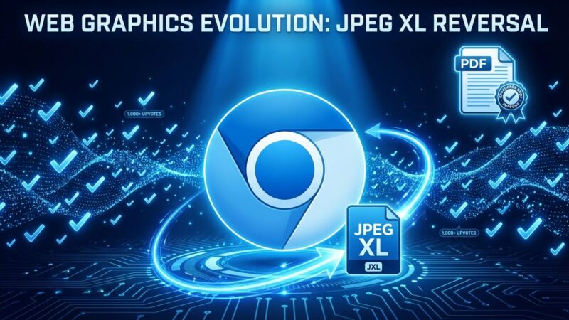 Chrome browser logo with JPEG XL file icon showing reversal motion, representing Google's decision to restore JPEG XL support