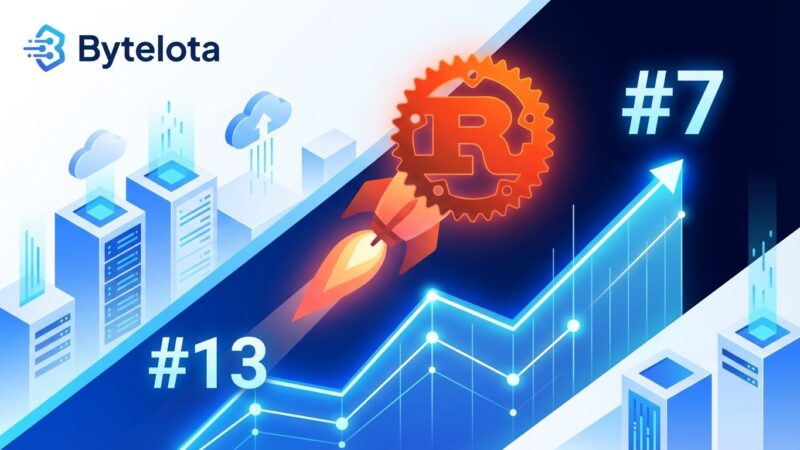 Rust programming language growth visualization showing TIOBE ranking jump from #13 to #7 with enterprise adoption metrics