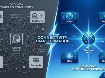Split-screen visualization showing transformation from complex custom API integrations to simple MCP protocol connectivity for Google Cloud services
