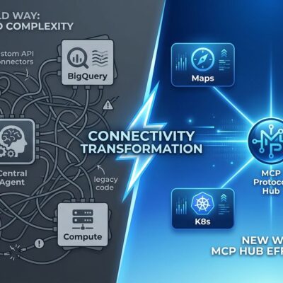 Split-screen visualization showing transformation from complex custom API integrations to simple MCP protocol connectivity for Google Cloud services