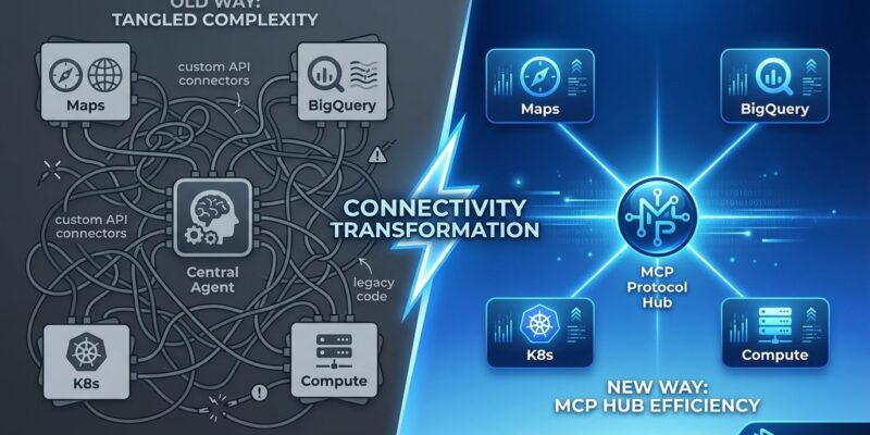 Split-screen visualization showing transformation from complex custom API integrations to simple MCP protocol connectivity for Google Cloud services