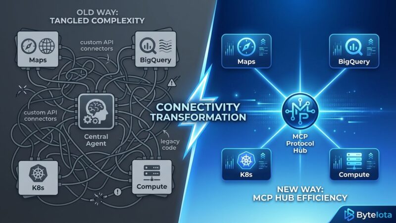 Split-screen visualization showing transformation from complex custom API integrations to simple MCP protocol connectivity for Google Cloud services