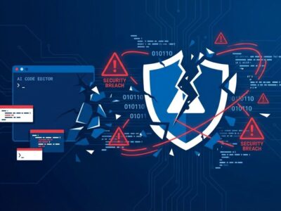 IDEsaster AI coding tools security vulnerabilities affecting Cursor GitHub Copilot Windsurf and Zed IDE with broken shield and code elements