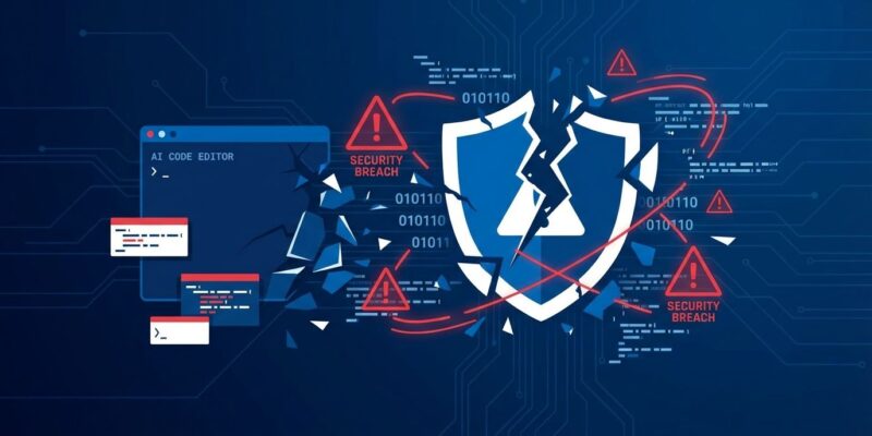 IDEsaster AI coding tools security vulnerabilities affecting Cursor GitHub Copilot Windsurf and Zed IDE with broken shield and code elements