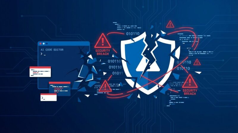 IDEsaster AI coding tools security vulnerabilities affecting Cursor GitHub Copilot Windsurf and Zed IDE with broken shield and code elements