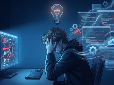 Stressed software developer experiencing open source maintainer burnout while working on critical infrastructure code