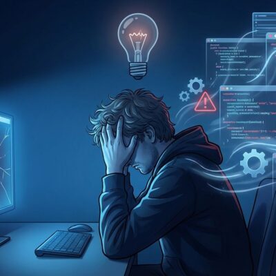Stressed software developer experiencing open source maintainer burnout while working on critical infrastructure code