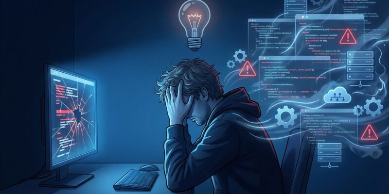 Stressed software developer experiencing open source maintainer burnout while working on critical infrastructure code