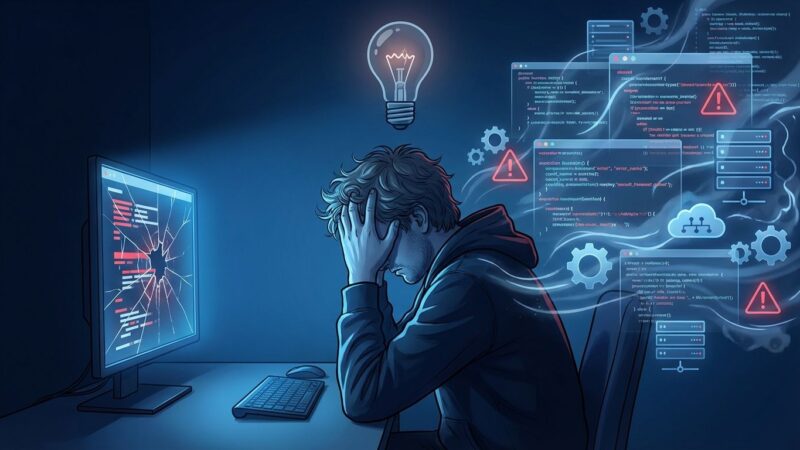 Stressed software developer experiencing open source maintainer burnout while working on critical infrastructure code