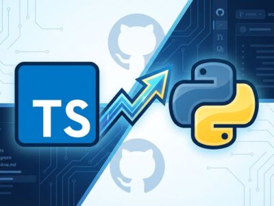 TypeScript and Python programming language logos showing competitive relationship, with TypeScript trending upward on GitHub in 2025