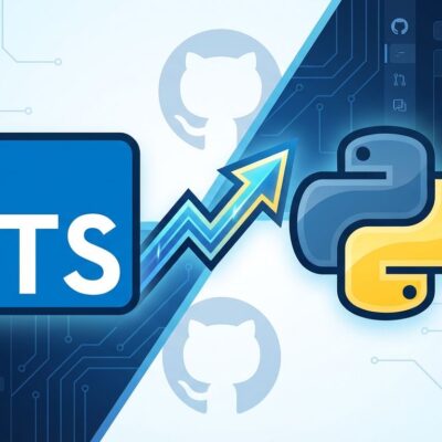 TypeScript and Python programming language logos showing competitive relationship, with TypeScript trending upward on GitHub in 2025