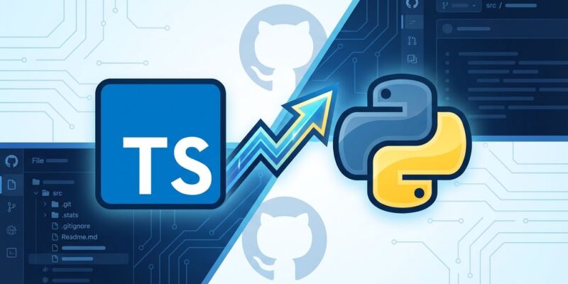 TypeScript and Python programming language logos showing competitive relationship, with TypeScript trending upward on GitHub in 2025