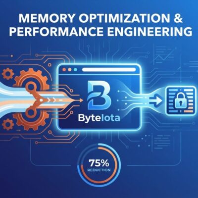 Abstract visualization of Brave browser memory optimization showing data compression through Rust-colored circuits and FlatBuffers geometric patterns with blue ByteIota branding