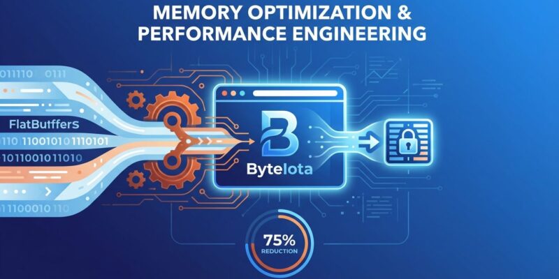 Abstract visualization of Brave browser memory optimization showing data compression through Rust-colored circuits and FlatBuffers geometric patterns with blue ByteIota branding