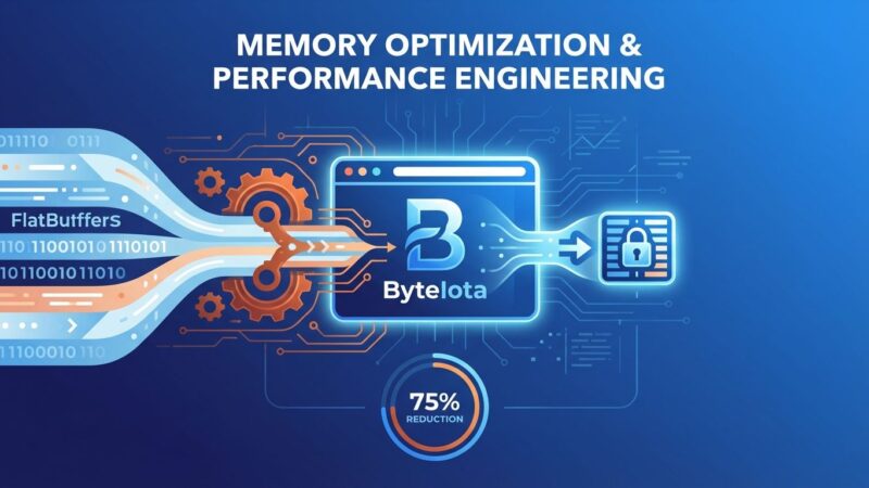 Abstract visualization of Brave browser memory optimization showing data compression through Rust-colored circuits and FlatBuffers geometric patterns with blue ByteIota branding