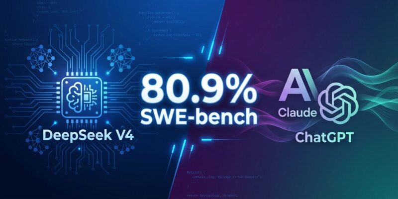 DeepSeek V4 AI coding assistant competing against Claude Opus 4.5 and ChatGPT, showing 80.9% SWE-bench Verified benchmark target