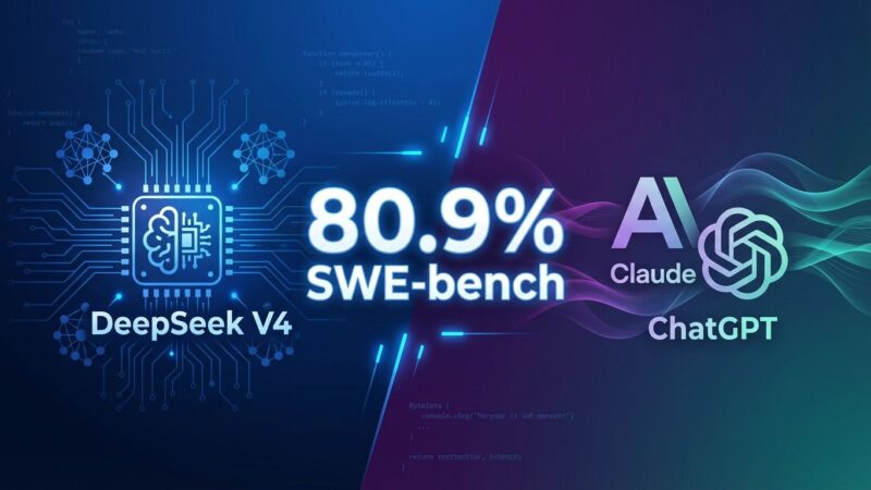 DeepSeek V4 AI coding assistant competing against Claude Opus 4.5 and ChatGPT, showing 80.9% SWE-bench Verified benchmark target