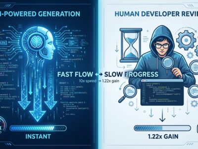 Split-screen visualization showing rapid AI code generation versus slow human code verification, illustrating the verification bottleneck