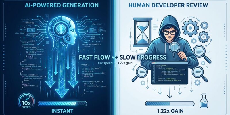 Split-screen visualization showing rapid AI code generation versus slow human code verification, illustrating the verification bottleneck