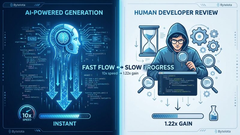 Split-screen visualization showing rapid AI code generation versus slow human code verification, illustrating the verification bottleneck