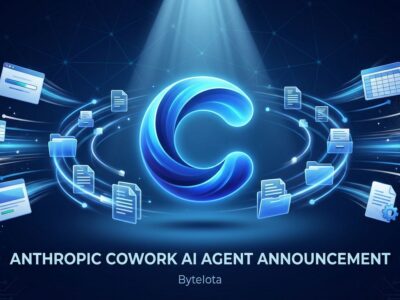 Anthropic Cowork AI agent concept with Claude logo surrounded by file automation symbols, folders, and documents in blue and white