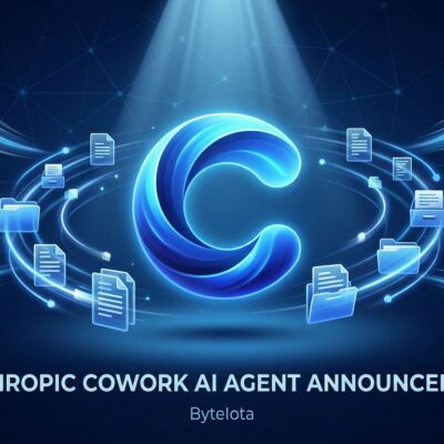 Anthropic Cowork AI agent concept with Claude logo surrounded by file automation symbols, folders, and documents in blue and white