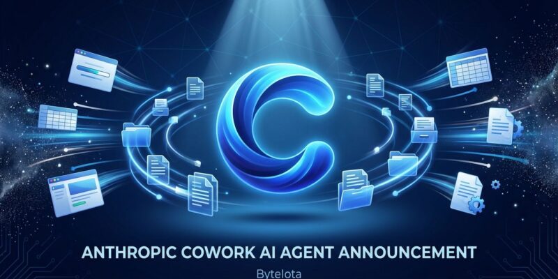 Anthropic Cowork AI agent concept with Claude logo surrounded by file automation symbols, folders, and documents in blue and white